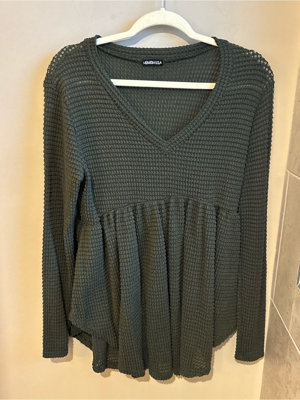HEIMISH USA Olive Green Waffle Knit V-Neck Peplum Top